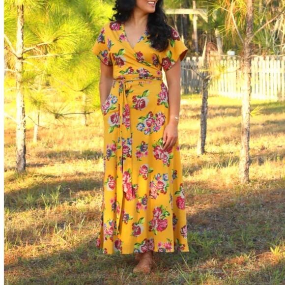 MATILDA JANE MUSTARD YELLOW SIZE MEDIUM ALANA FLORAL WRAP DRESS - Picture 1 of 11